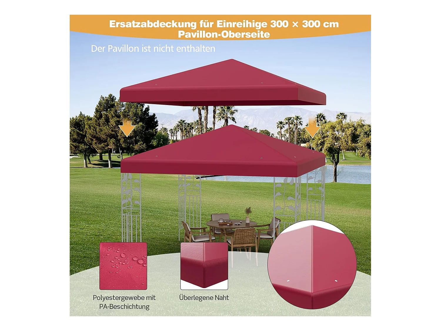 3 x 3 m reservedak voor tuinpaviljoen, paviljoendak, vervangende hoes met afvoergaten en klittenband (wijn)ZB32749