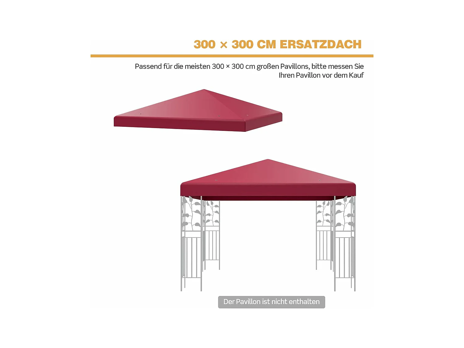 3 x 3 m reservedak voor tuinpaviljoen, paviljoendak, vervangende hoes met afvoergaten en klittenband (wijn)ZB32749