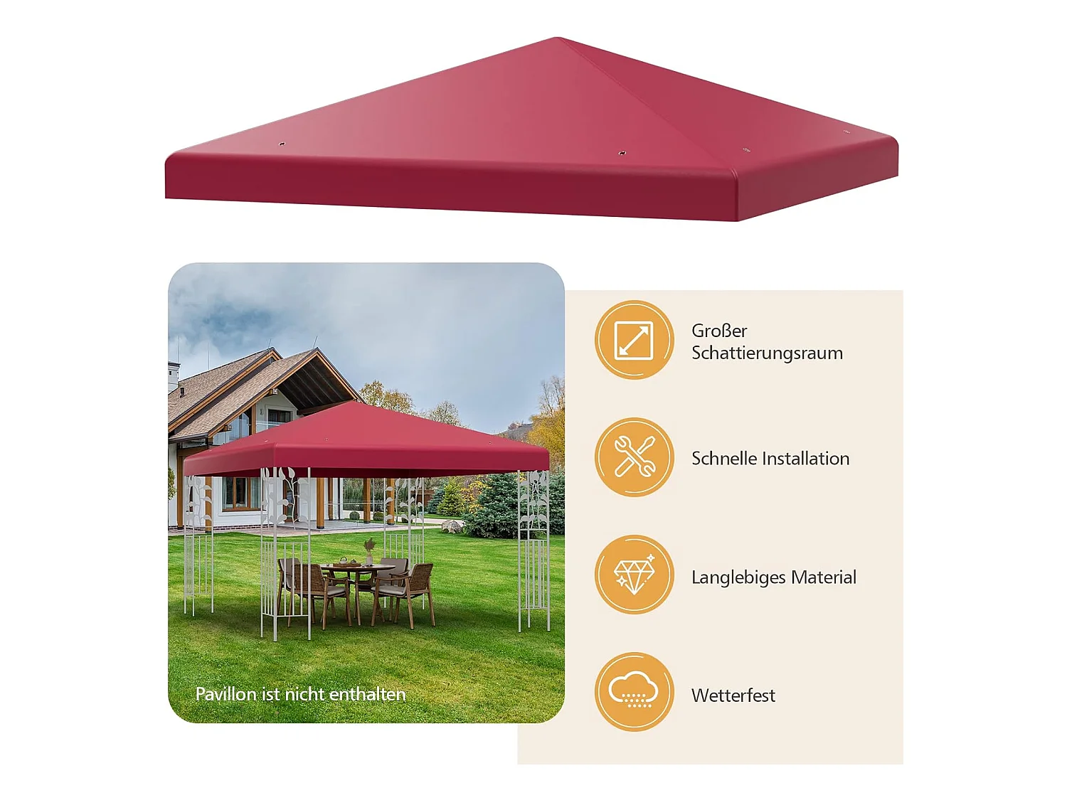 3 x 3 m reservedak voor tuinpaviljoen, paviljoendak, vervangende hoes met afvoergaten en klittenband (wijn)ZB32749