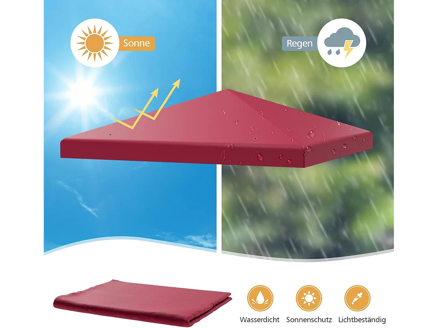 3 x 3 m reservedak voor tuinpaviljoen, paviljoendak, vervangende hoes met afvoergaten en klittenband (wijn)ZB32749