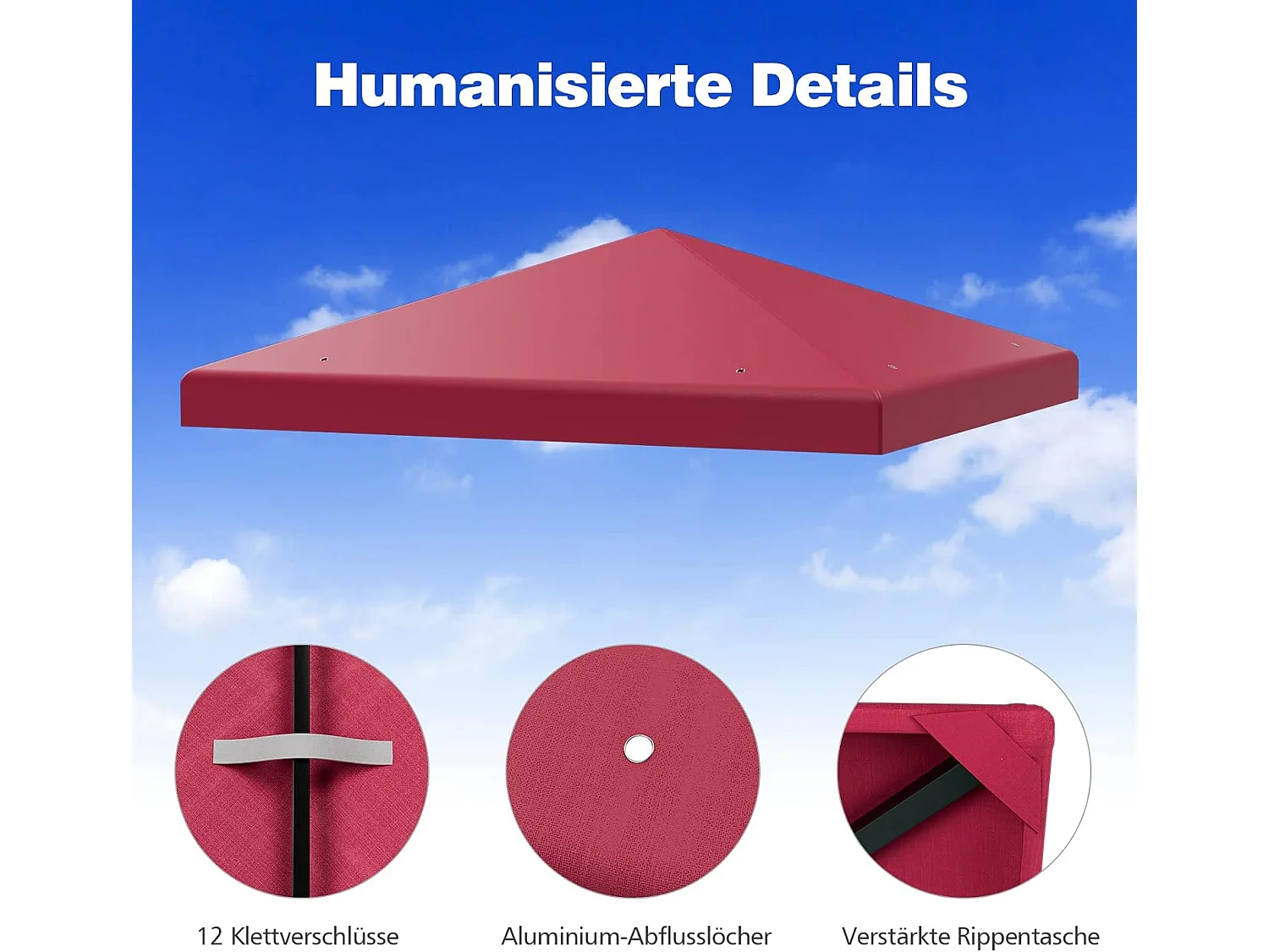 3 x 3 m reservedak voor tuinpaviljoen, paviljoendak, vervangende hoes met afvoergaten en klittenband (wijn)ZB32749