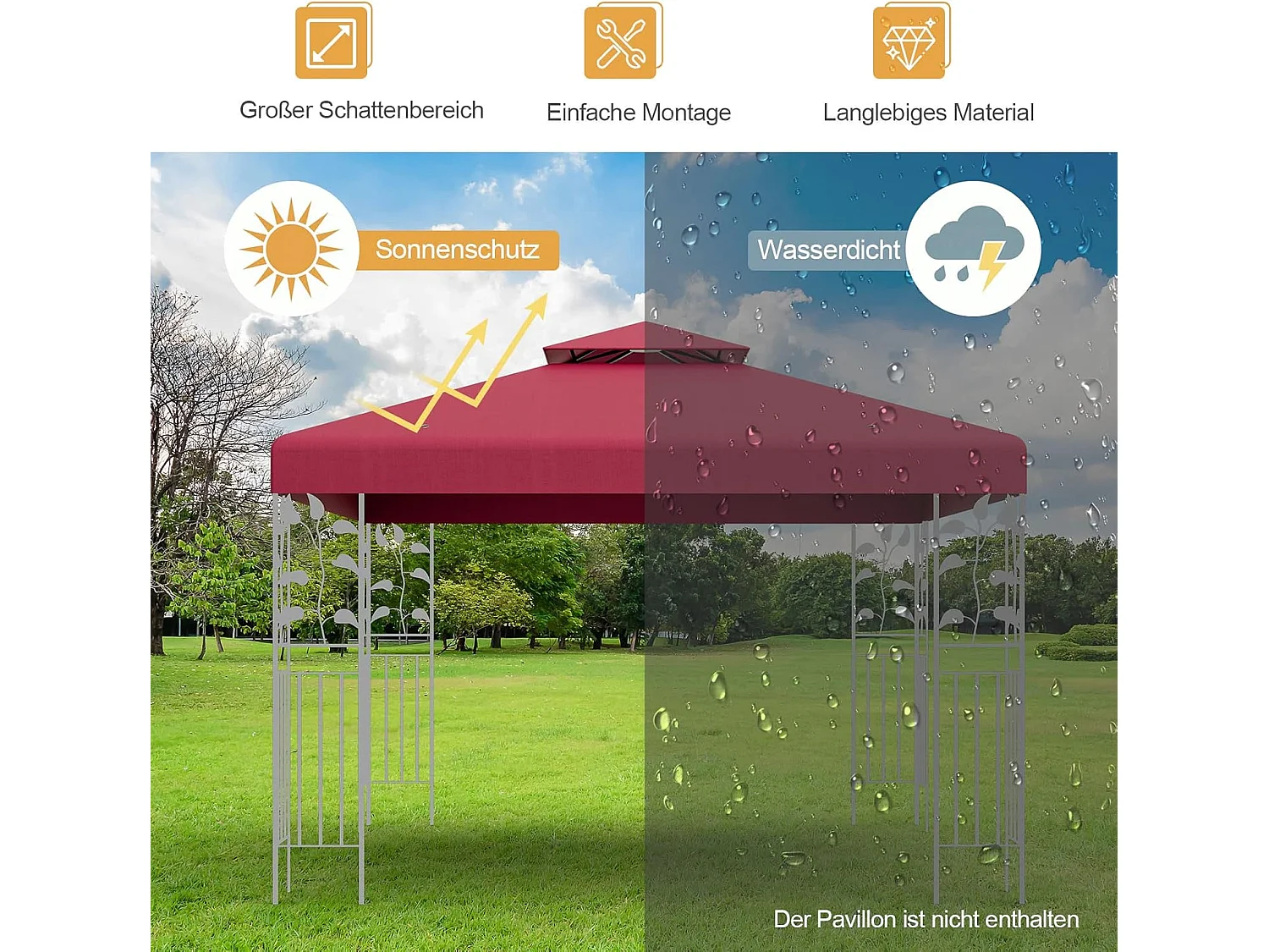 3 x 3 m reservedak voor paviljoen,paviljoendak, vervangende hoes met afvoergaten en klittenbandsluitingen, paviljoenafdekking ZB32740