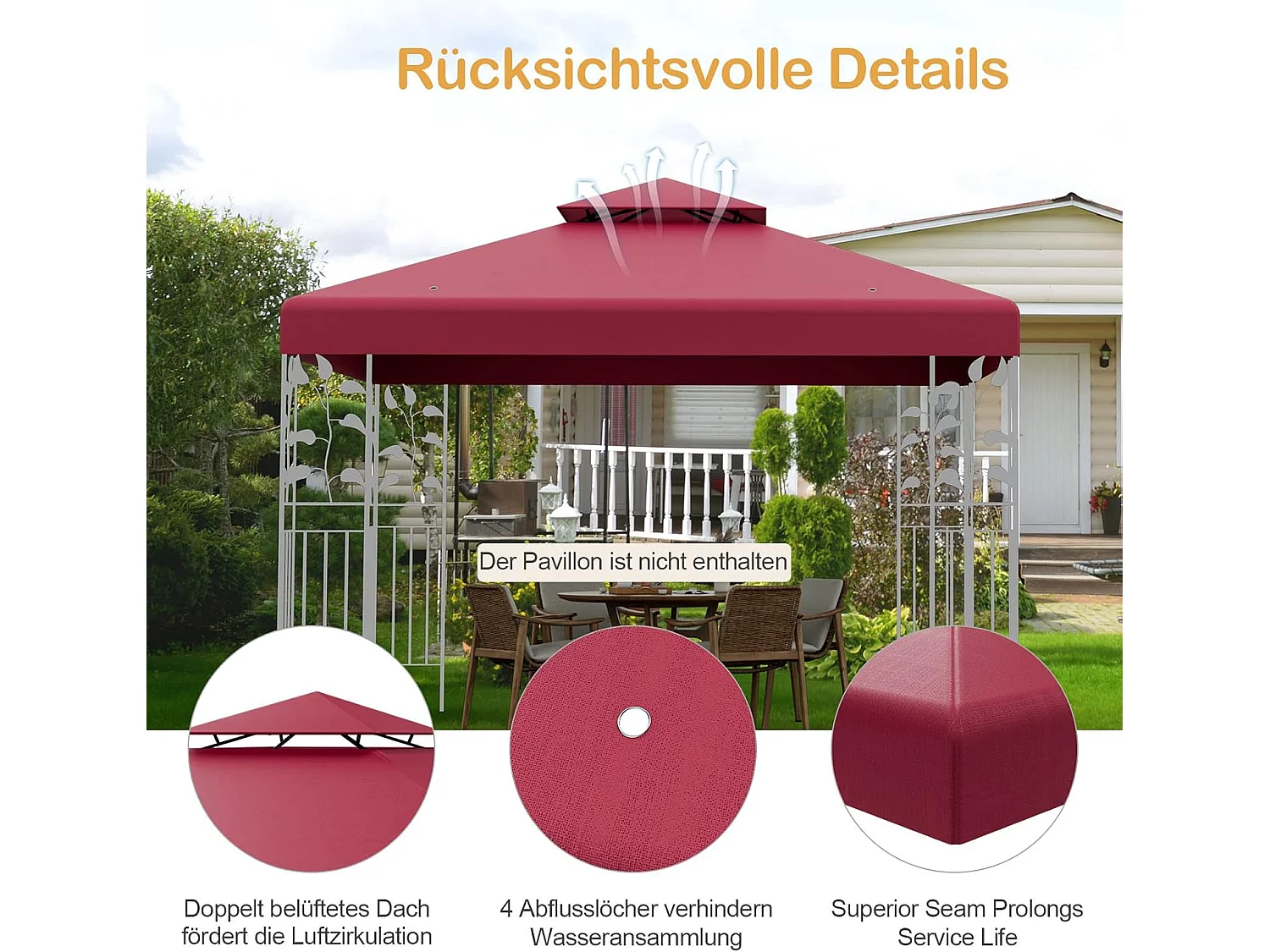 3 x 3 m reservedak voor paviljoen,paviljoendak, vervangende hoes met afvoergaten en klittenbandsluitingen, paviljoenafdekking ZB32740