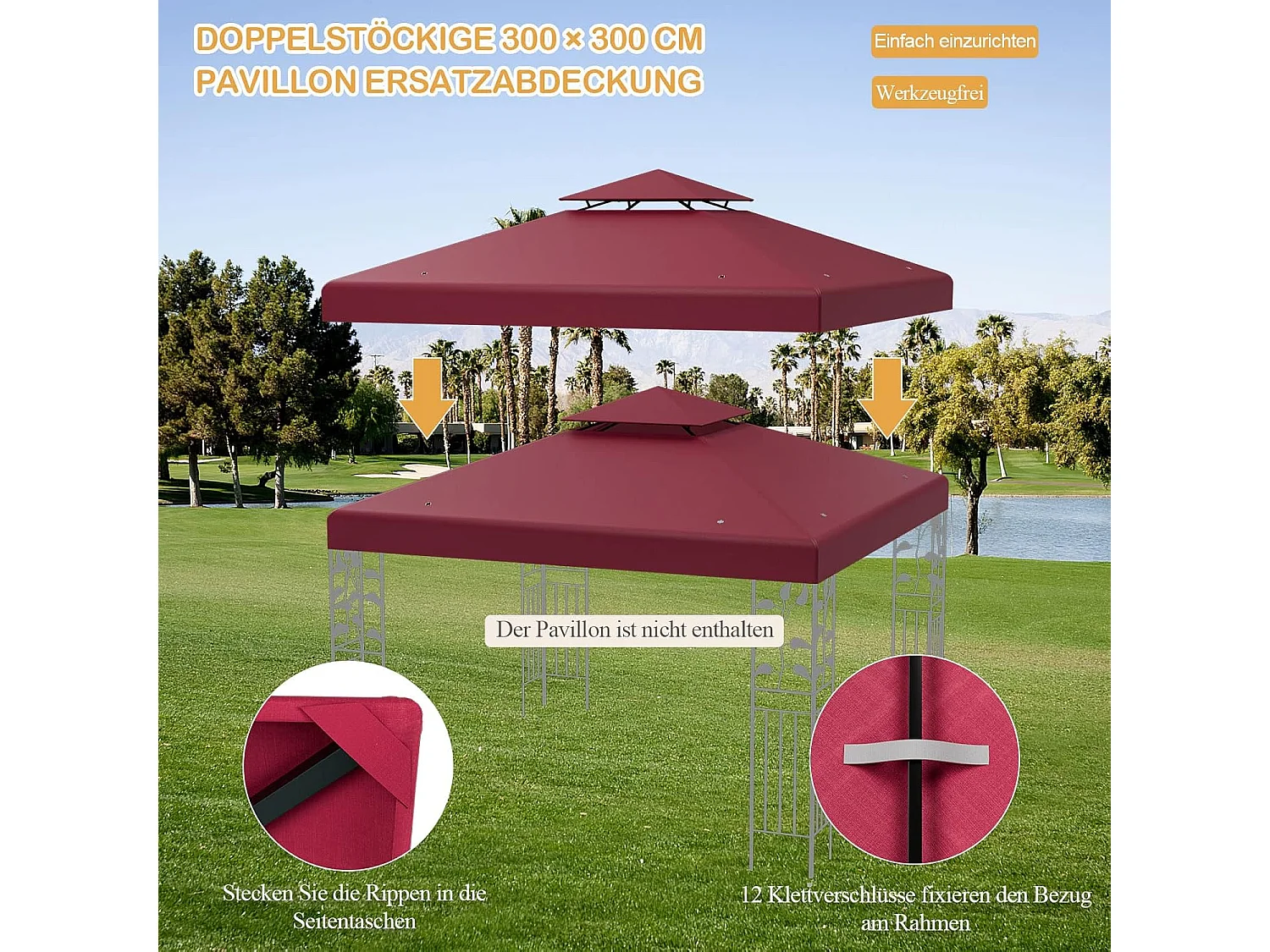 3 x 3 m reservedak voor paviljoen,paviljoendak, vervangende hoes met afvoergaten en klittenbandsluitingen, paviljoenafdekking ZB32740