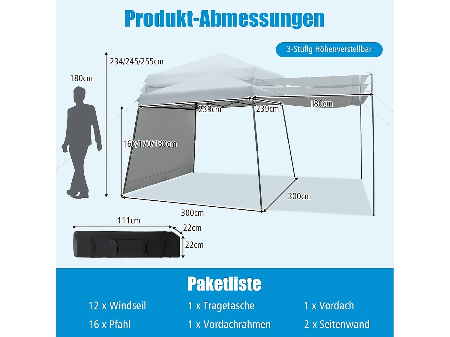 3 x 6 m pop-up paviljoen met zijwanden en luifels, vouwpaviljoen,winterbestendig, uv-bescherming 50+, tuintent met roltas, partytent,ZB32924