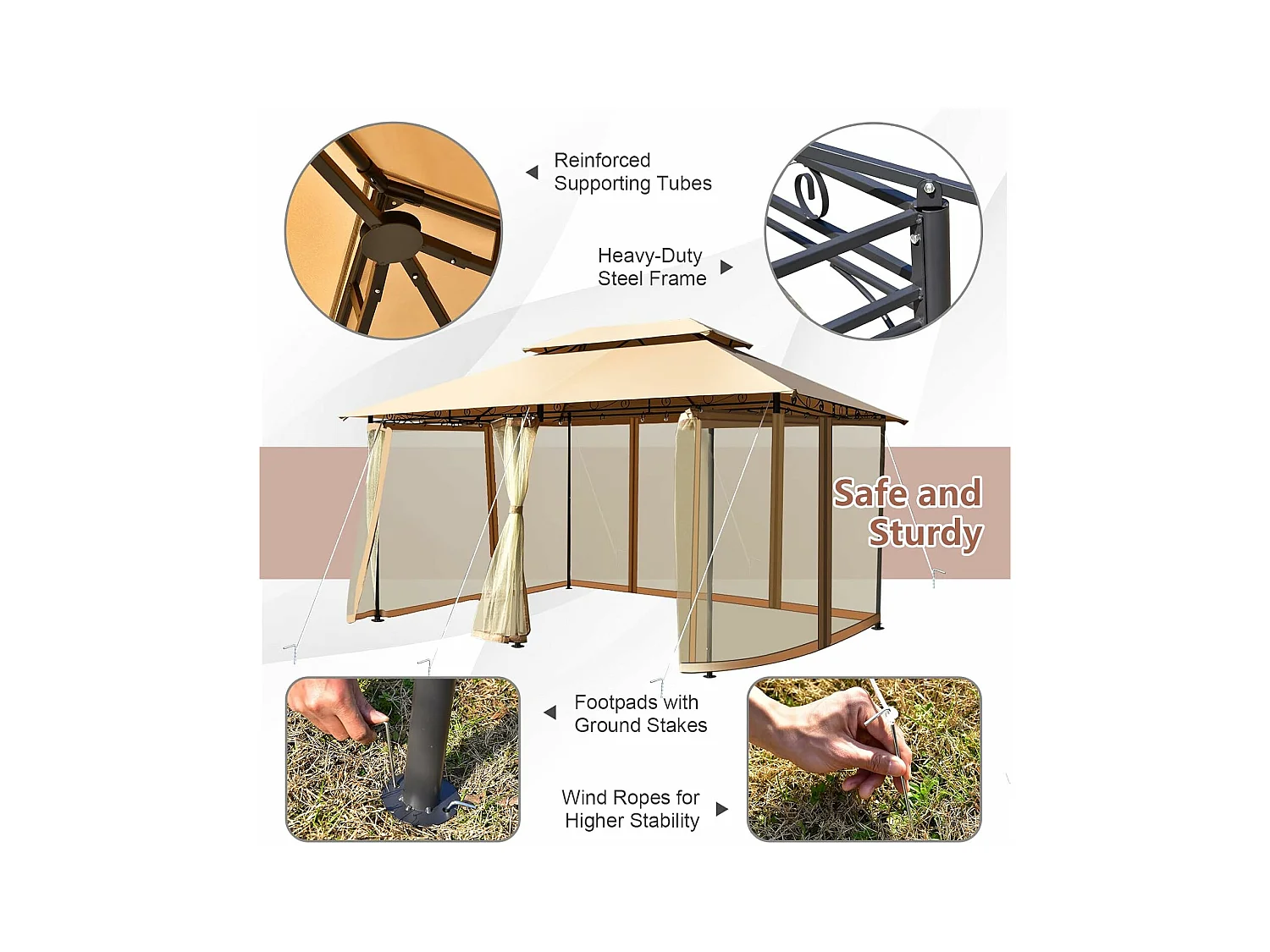 Paviljoen, metaal, 3 x 4 m, tuinpaviljoen, luxe tuintent, feesttent, feesttent, stabiel, voor picknicken, grillen, bruiloften (bruin)ZB32576