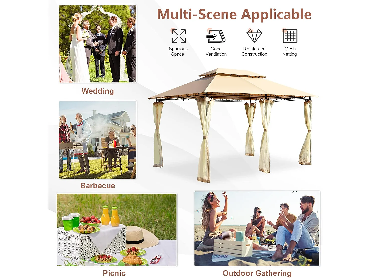 Paviljoen, metaal, 3 x 4 m, tuinpaviljoen, luxe tuintent, feesttent, feesttent, stabiel, voor picknicken, grillen, bruiloften (bruin)ZB32576