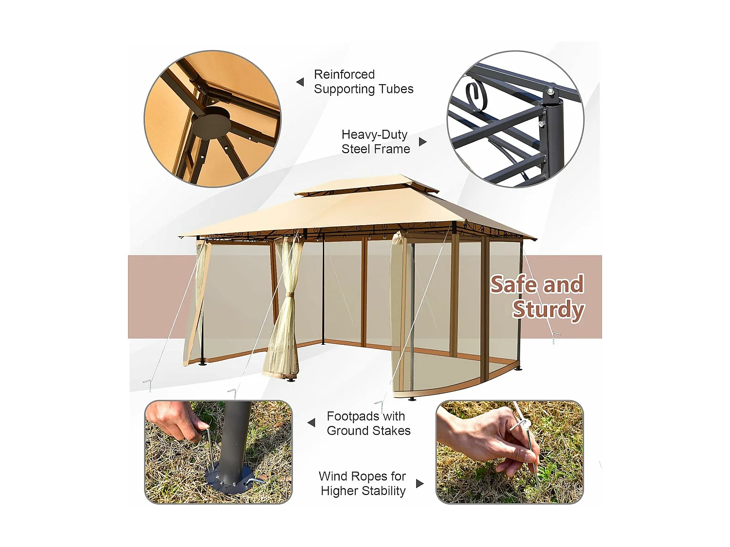 Paviljoen, metaal, 3 x 4 m, tuinpaviljoen, luxe tuintent, feesttent, feesttent, stabiel, voor picknicken, grillen, bruiloften (bruin)ZB32576