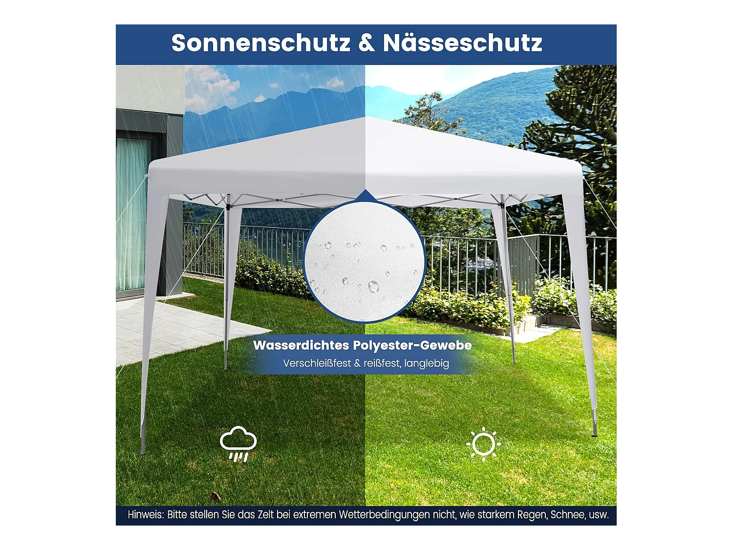 3x3m pop-up paviljoen, opvouwbaar, tuintent, in hoogte verstelbaar, waterdicht, tuinpaviljoen met draagtas, voor tuin, strand,terras (wit)ZB32016