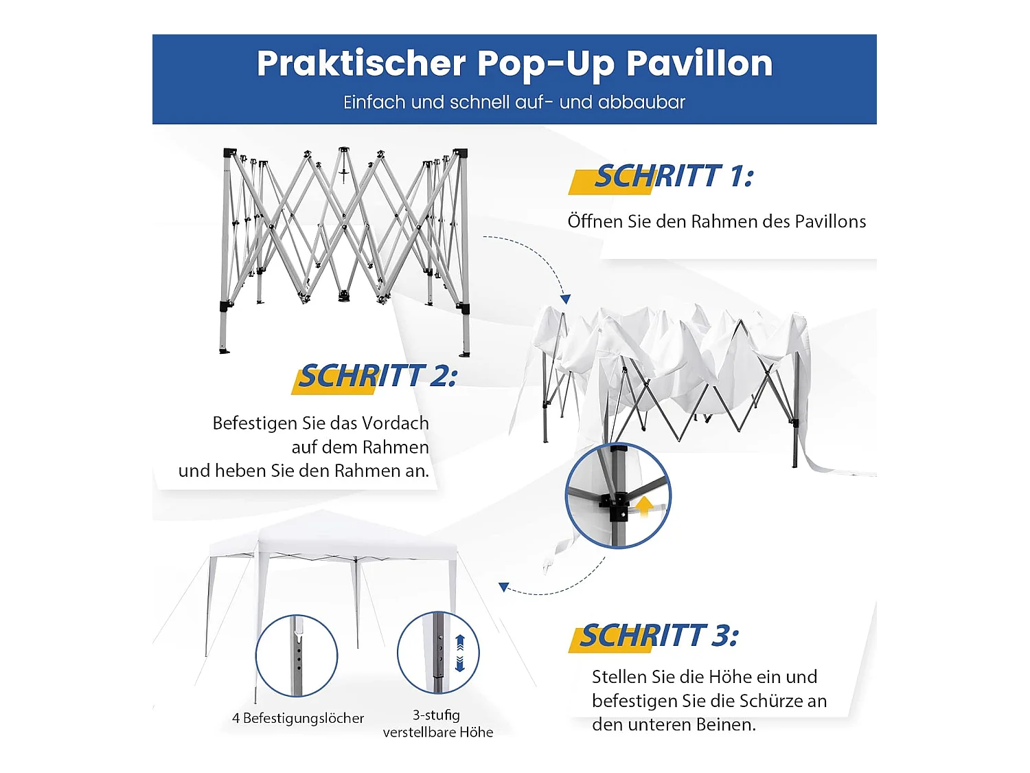3x3m pop-up paviljoen, opvouwbaar, tuintent, in hoogte verstelbaar, waterdicht, tuinpaviljoen met draagtas, voor tuin, strand,terras (wit)ZB32016
