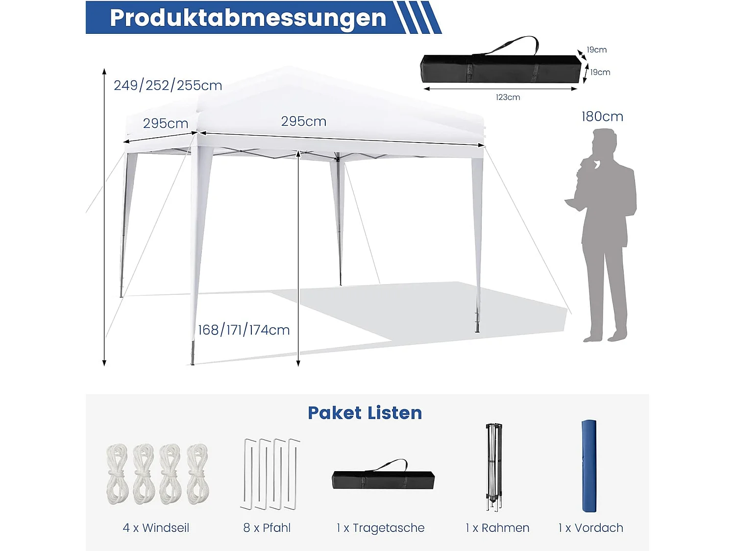 3x3m pop-up paviljoen, opvouwbaar, tuintent, in hoogte verstelbaar, waterdicht, tuinpaviljoen met draagtas, voor tuin, strand,terras (wit)ZB32016
