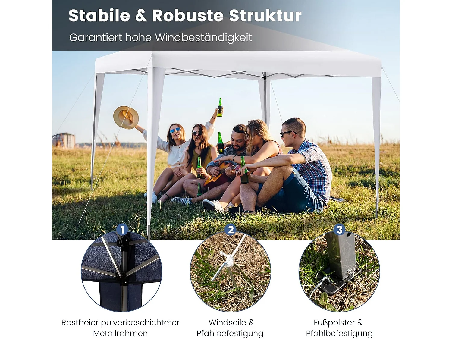 3x3m pop-up paviljoen, opvouwbaar, tuintent, in hoogte verstelbaar, waterdicht, tuinpaviljoen met draagtas, voor tuin, strand,terras (wit)ZB32016