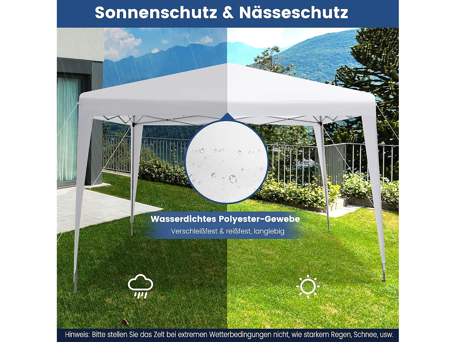 3x3m pop-up paviljoen, opvouwbaar, tuintent, in hoogte verstelbaar, waterdicht, tuinpaviljoen met draagtas, voor tuin, strand,terras (wit)ZB32016