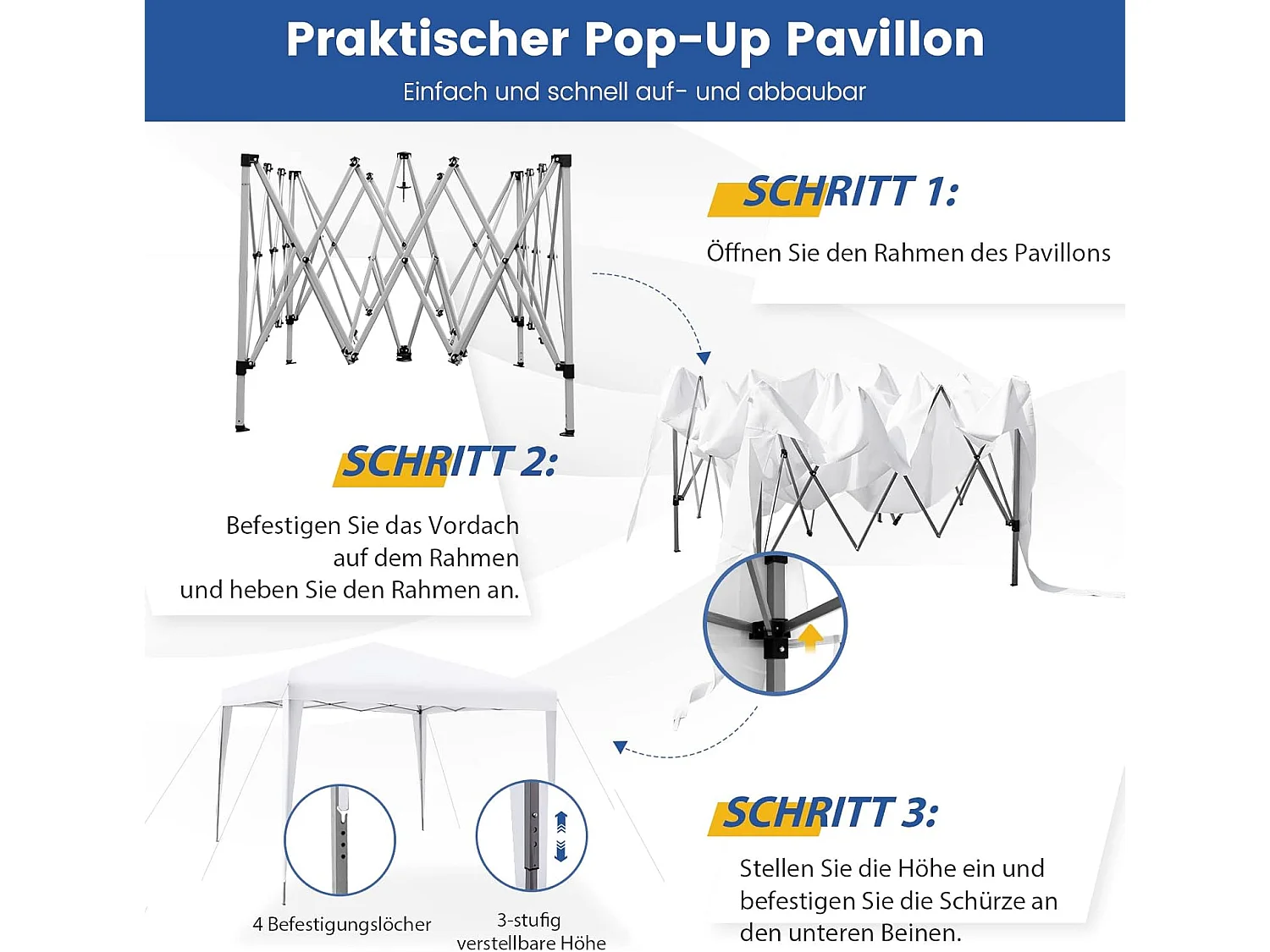 3x3m pop-up paviljoen, opvouwbaar, tuintent, in hoogte verstelbaar, waterdicht, tuinpaviljoen met draagtas, voor tuin, strand,terras (wit)ZB32016