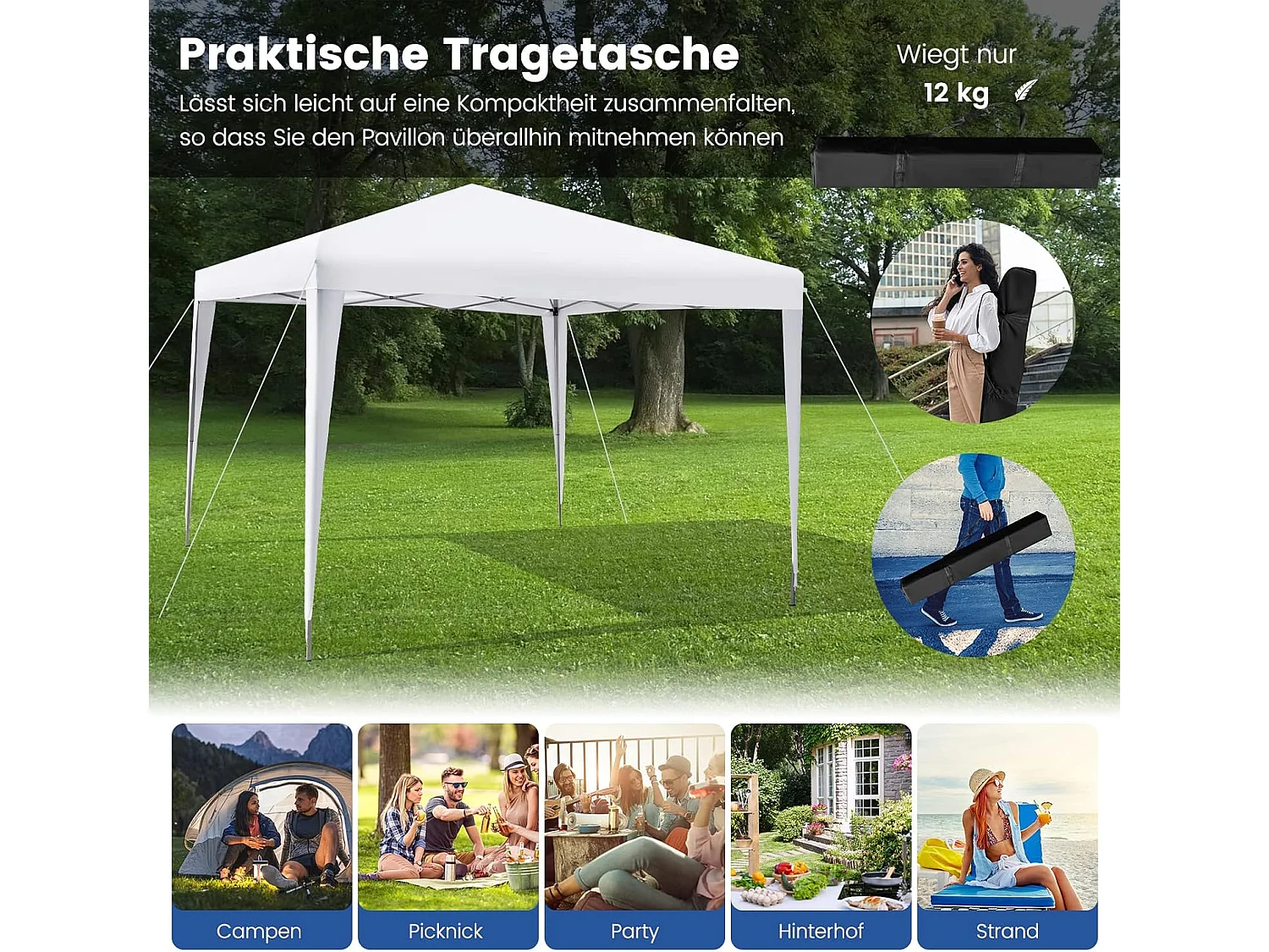 3x3m pop-up paviljoen, opvouwbaar, tuintent, in hoogte verstelbaar, waterdicht, tuinpaviljoen met draagtas, voor tuin, strand,terras (wit)ZB32016