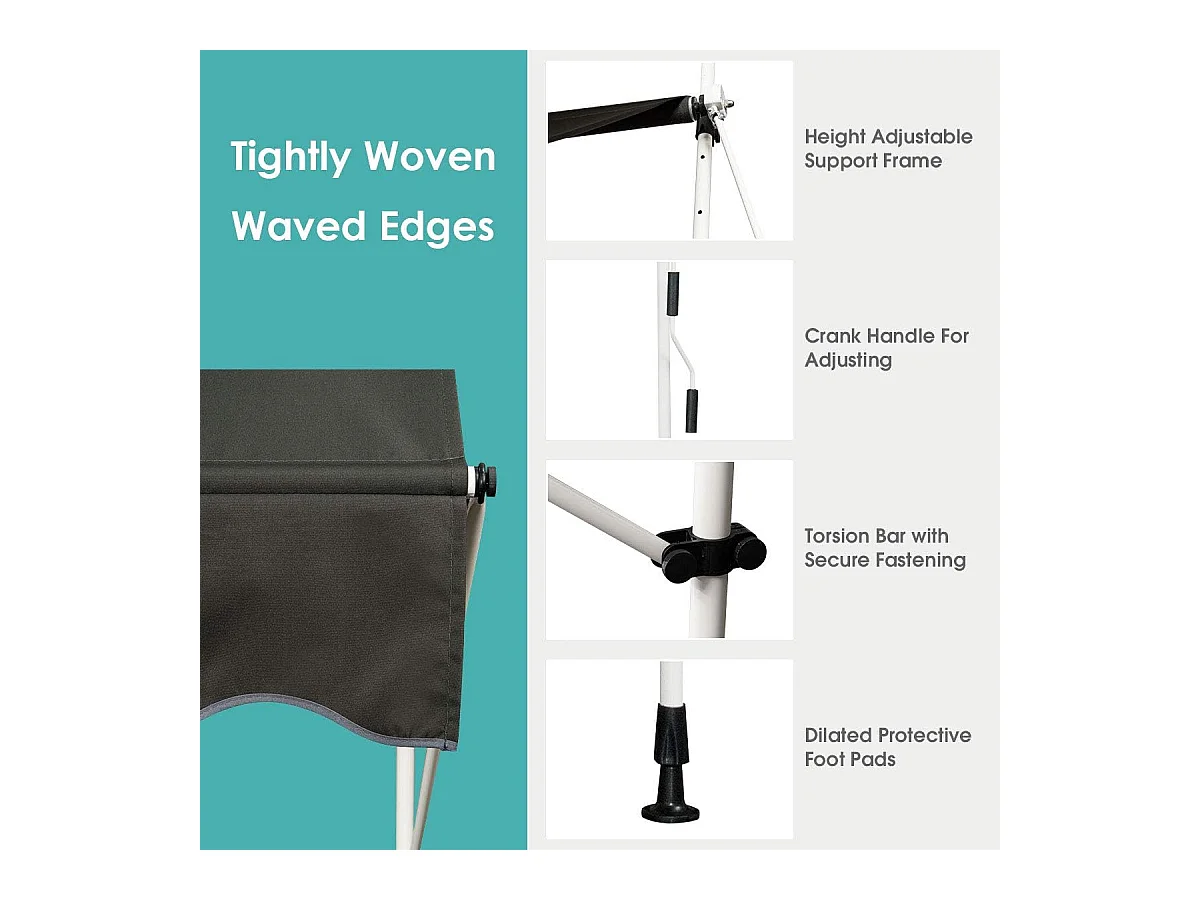 Klemluifel, 150 cm breed, balkonluifel zonder boren, uv-bestendig, in hoogte verstelbaar,luifel met handslinger, zonneluifel,grijsAB92530