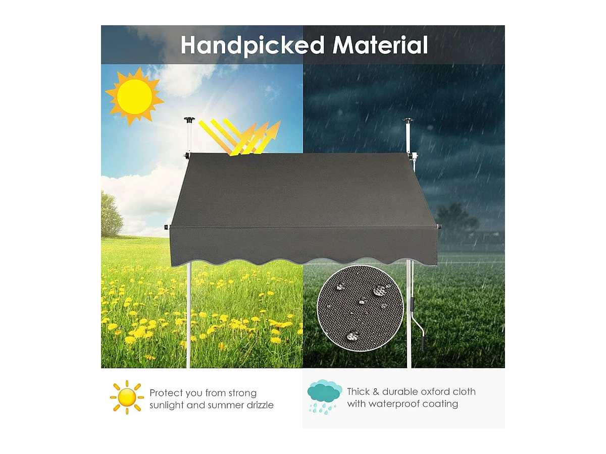 Klemluifel, 150 cm breed, balkonluifel zonder boren, uv-bestendig, in hoogte verstelbaar,luifel met handslinger, zonneluifel,grijsAB92530