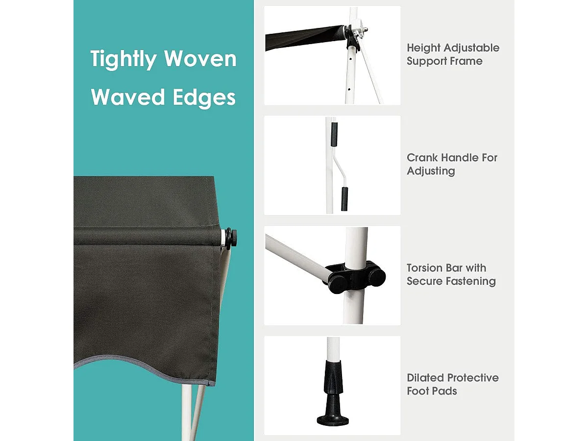 Klemluifel, 150 cm breed, balkonluifel zonder boren, uv-bestendig, in hoogte verstelbaar,luifel met handslinger, zonneluifel,grijsAB92530
