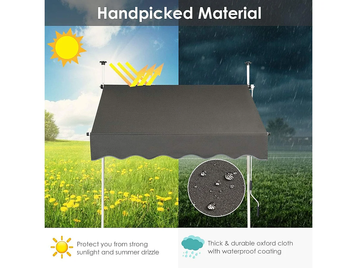 Klemluifel, 150 cm breed, balkonluifel zonder boren, uv-bestendig, in hoogte verstelbaar,luifel met handslinger, zonneluifel,grijsAB92530