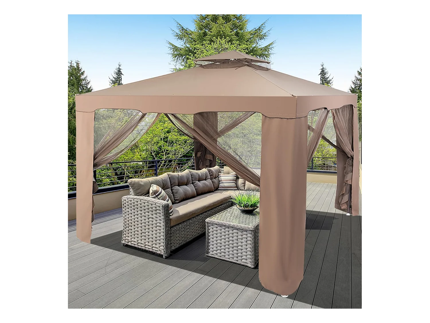 3 x 3 m paviljoen met muggennet en dubbel dak, waterdicht,winterbestendig, tuinpaviljoen, partytent voor terras, tuin, achtertuin (bruin)ZB33748