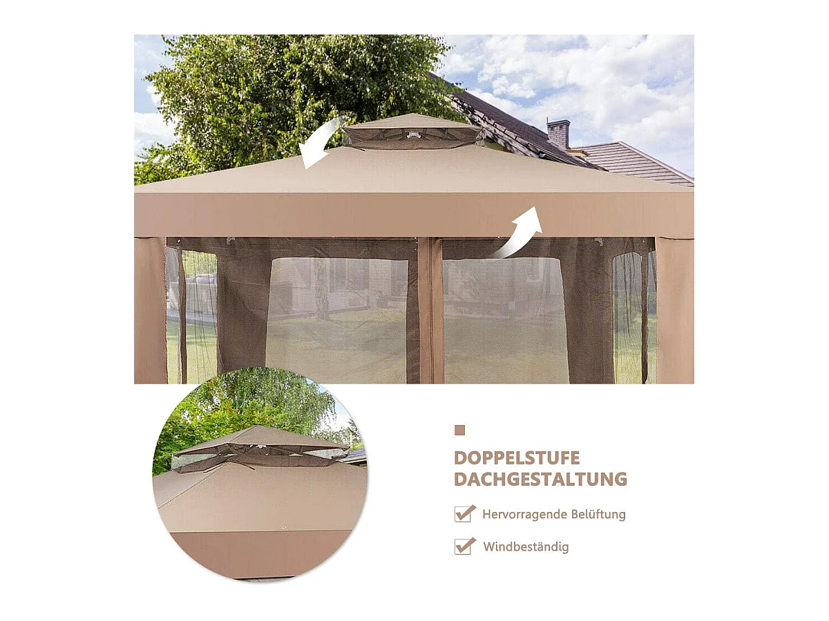 3 x 3 m paviljoen met muggennet en dubbel dak, waterdicht,winterbestendig, tuinpaviljoen, partytent voor terras, tuin, achtertuin (bruin)ZB33748