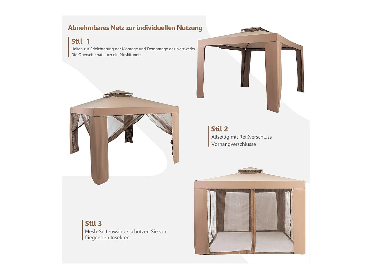 3 x 3 m paviljoen met muggennet en dubbel dak, waterdicht,winterbestendig, tuinpaviljoen, partytent voor terras, tuin, achtertuin (bruin)ZB33748