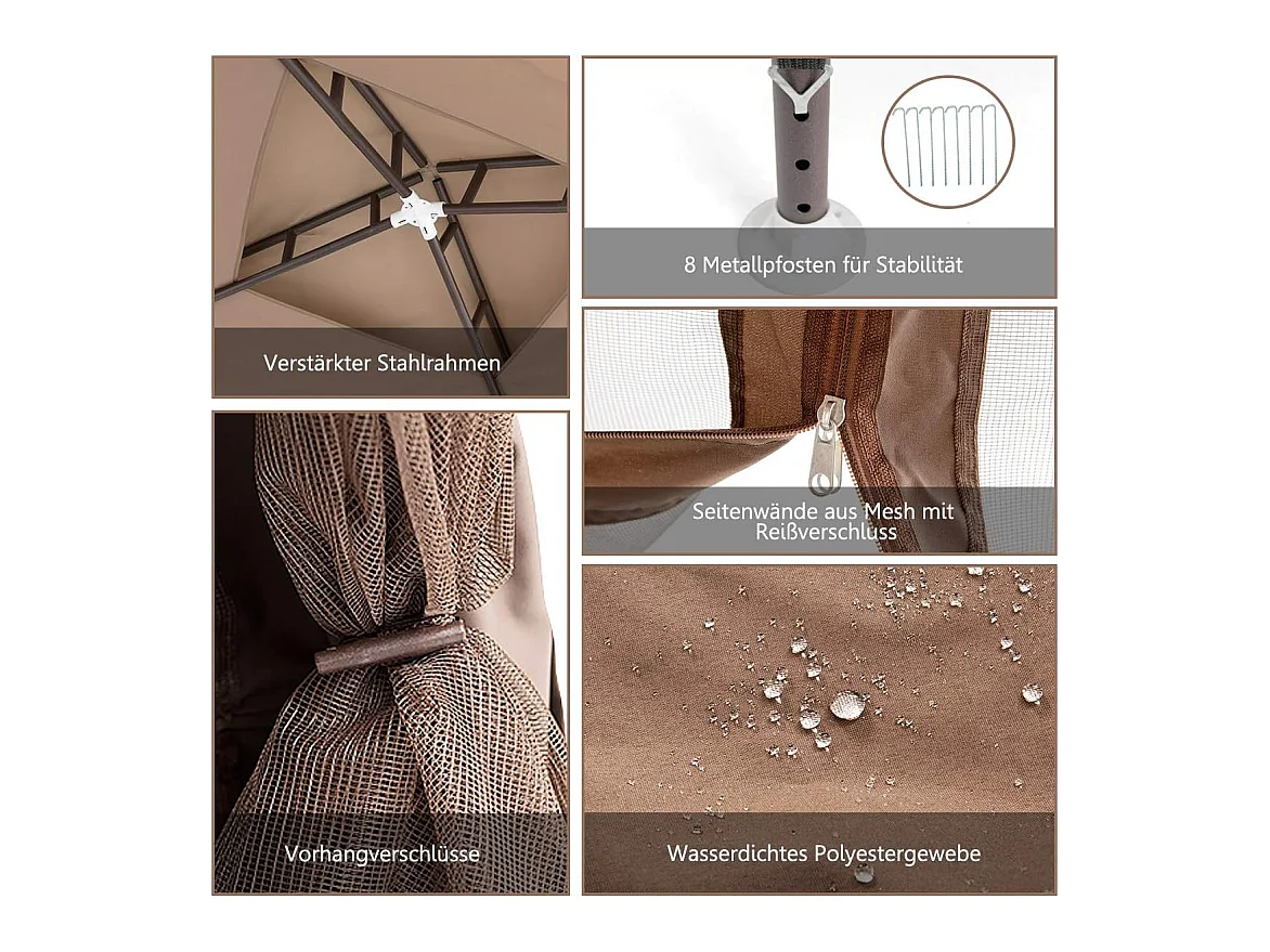 3 x 3 m paviljoen met muggennet en dubbel dak, waterdicht,winterbestendig, tuinpaviljoen, partytent voor terras, tuin, achtertuin (bruin)ZB33748