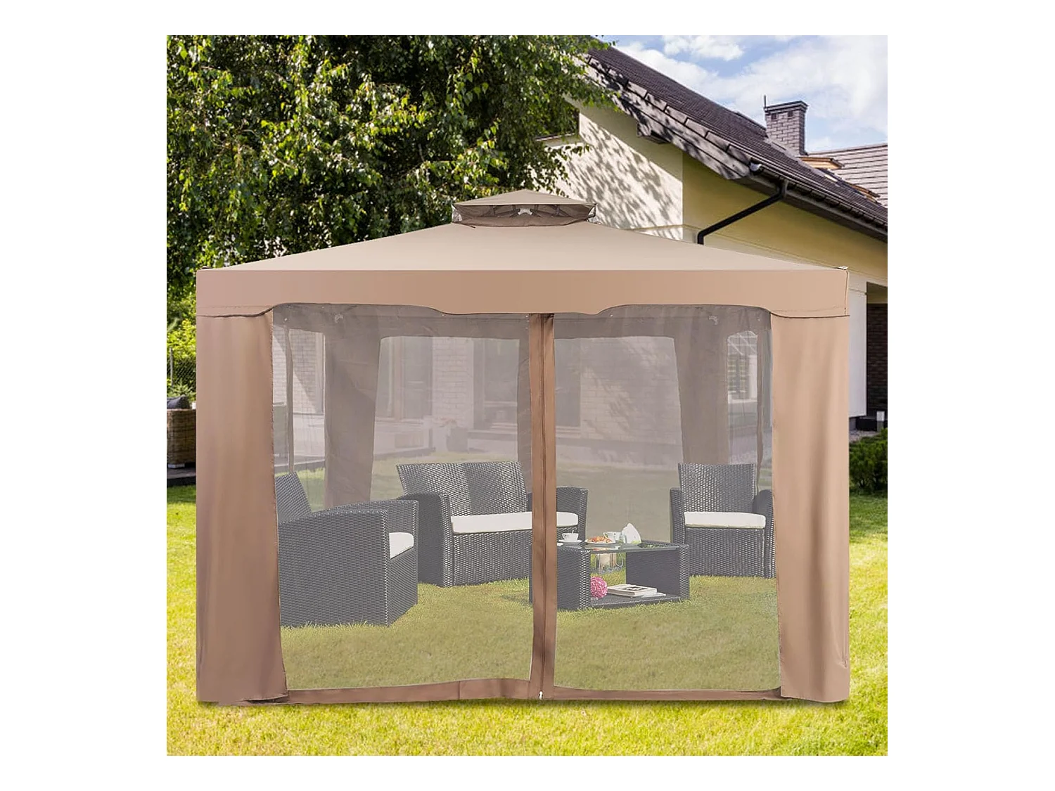 3 x 3 m paviljoen met muggennet en dubbel dak, waterdicht,winterbestendig, tuinpaviljoen, partytent voor terras, tuin, achtertuin (bruin)ZB33748