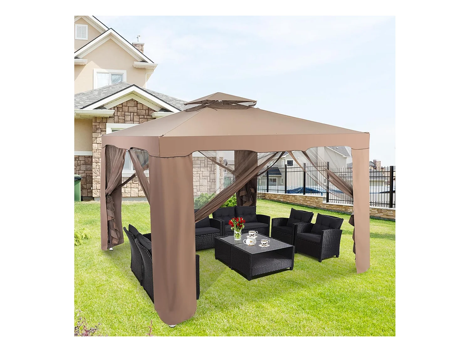 3 x 3 m paviljoen met muggennet en dubbel dak, waterdicht,winterbestendig, tuinpaviljoen, partytent voor terras, tuin, achtertuin (bruin)ZB33748