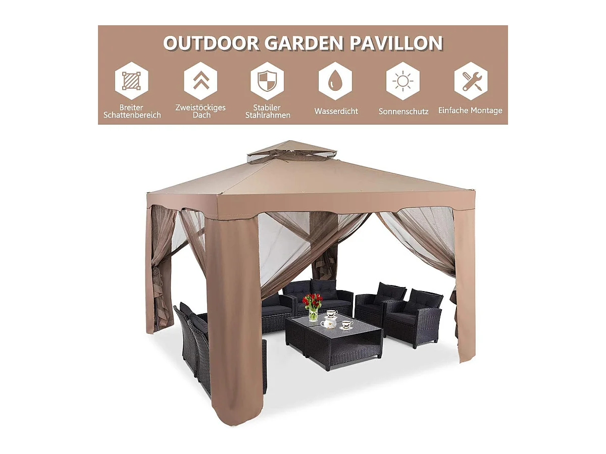 3 x 3 m paviljoen met muggennet en dubbel dak, waterdicht,winterbestendig, tuinpaviljoen, partytent voor terras, tuin, achtertuin (bruin)ZB33748