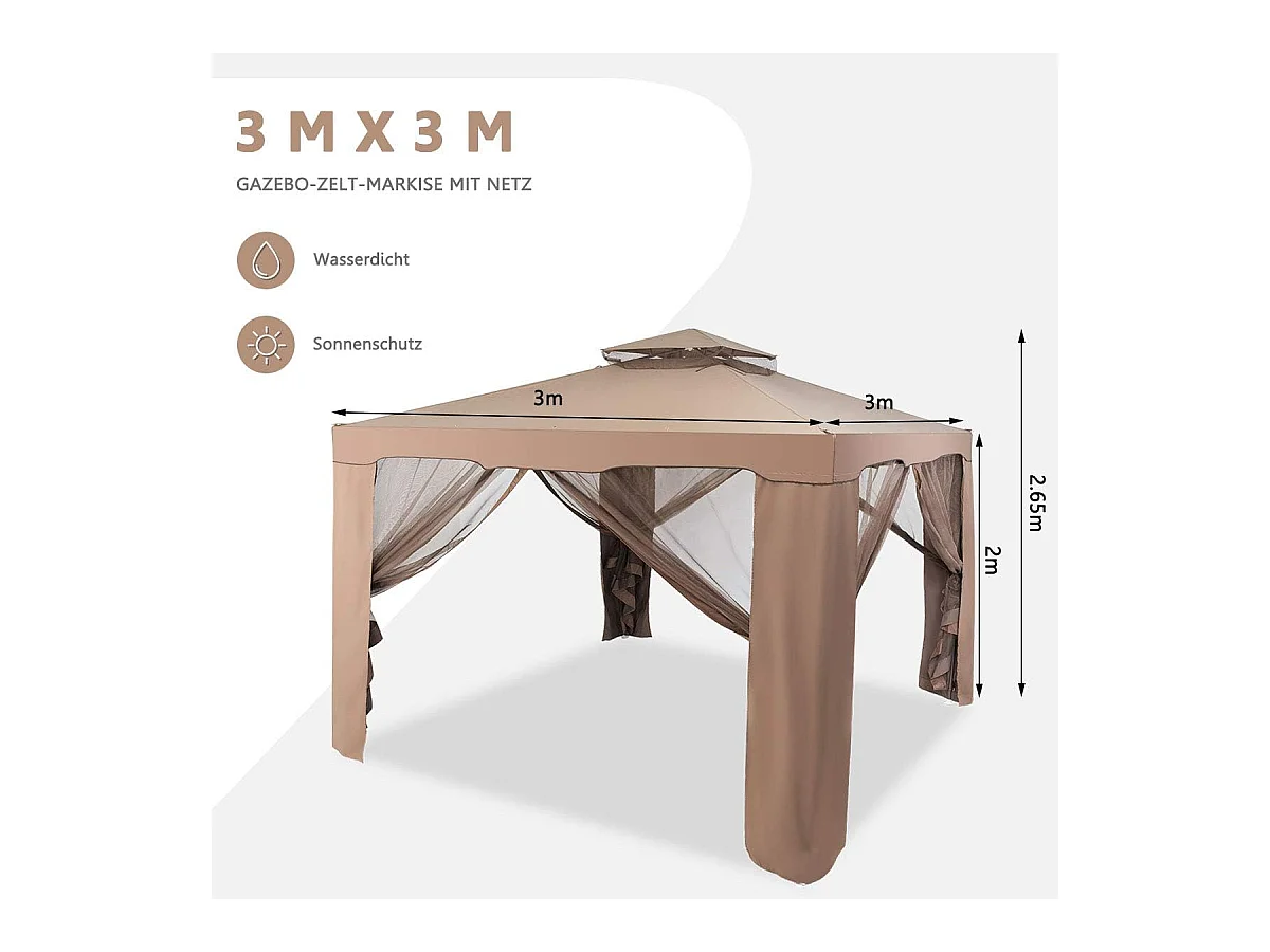 3 x 3 m paviljoen met muggennet en dubbel dak, waterdicht,winterbestendig, tuinpaviljoen, partytent voor terras, tuin, achtertuin (bruin)ZB33748