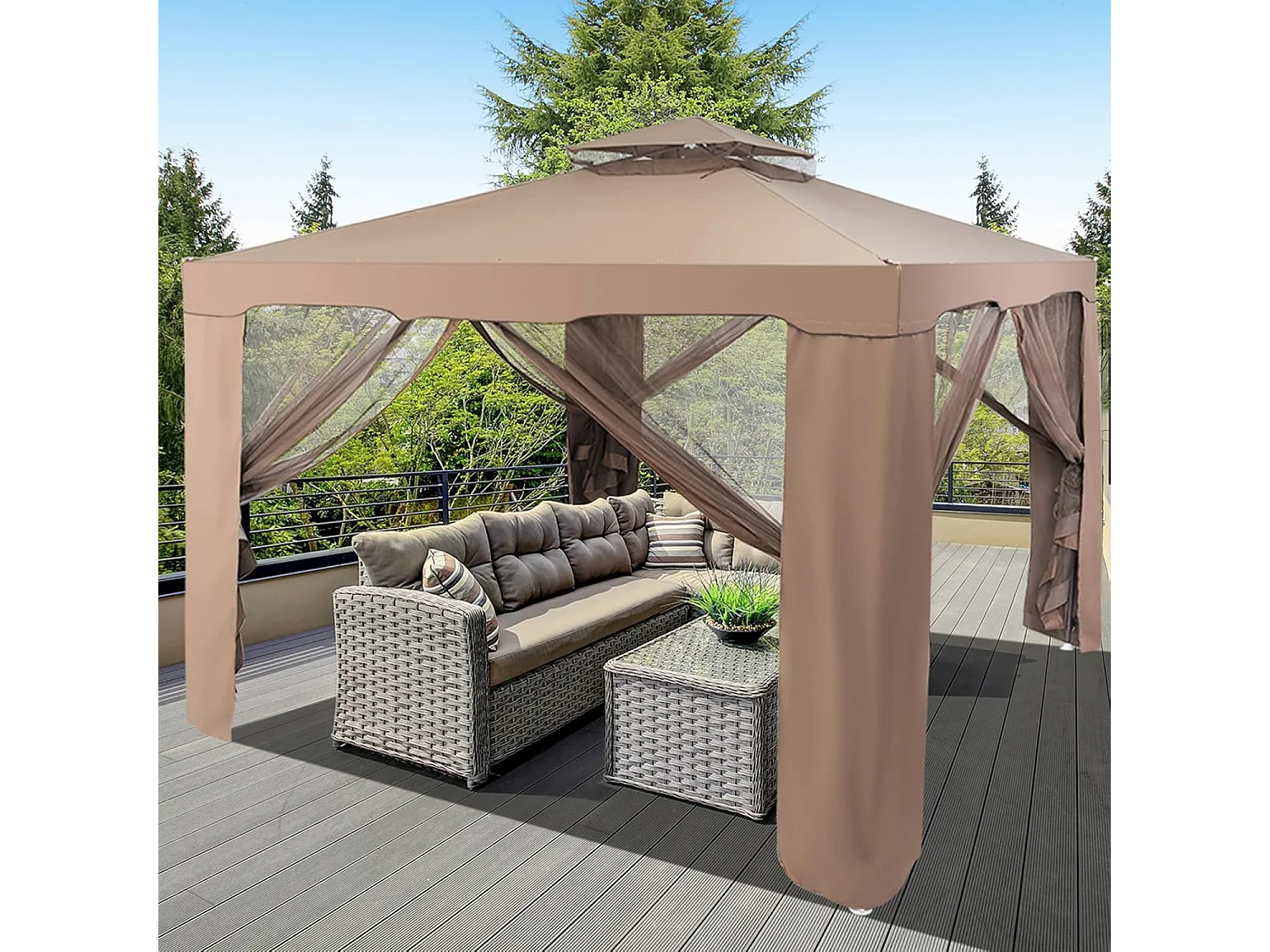 3 x 3 m paviljoen met muggennet en dubbel dak, waterdicht,winterbestendig, tuinpaviljoen, partytent voor terras, tuin, achtertuin (bruin)ZB33748