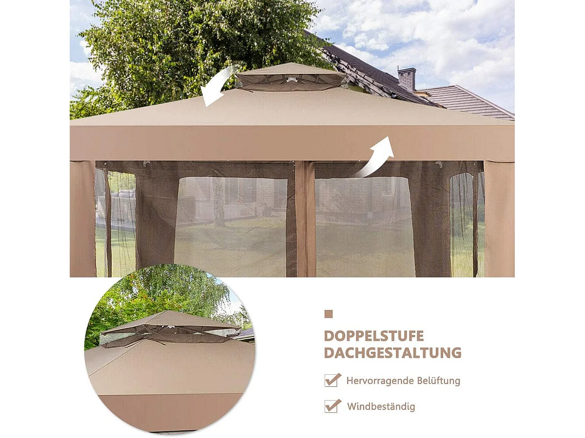 3 x 3 m paviljoen met muggennet en dubbel dak, waterdicht,winterbestendig, tuinpaviljoen, partytent voor terras, tuin, achtertuin (bruin)ZB33748