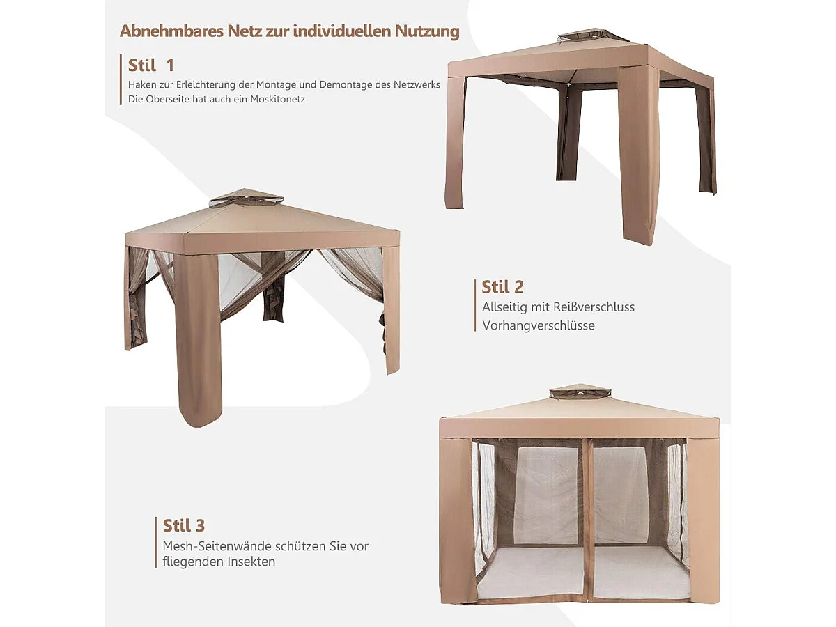3 x 3 m paviljoen met muggennet en dubbel dak, waterdicht,winterbestendig, tuinpaviljoen, partytent voor terras, tuin, achtertuin (bruin)ZB33748