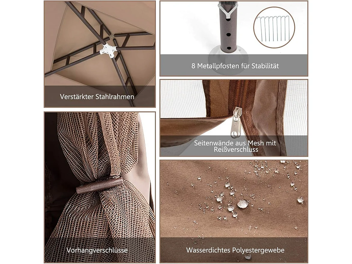 3 x 3 m paviljoen met muggennet en dubbel dak, waterdicht,winterbestendig, tuinpaviljoen, partytent voor terras, tuin, achtertuin (bruin)ZB33748