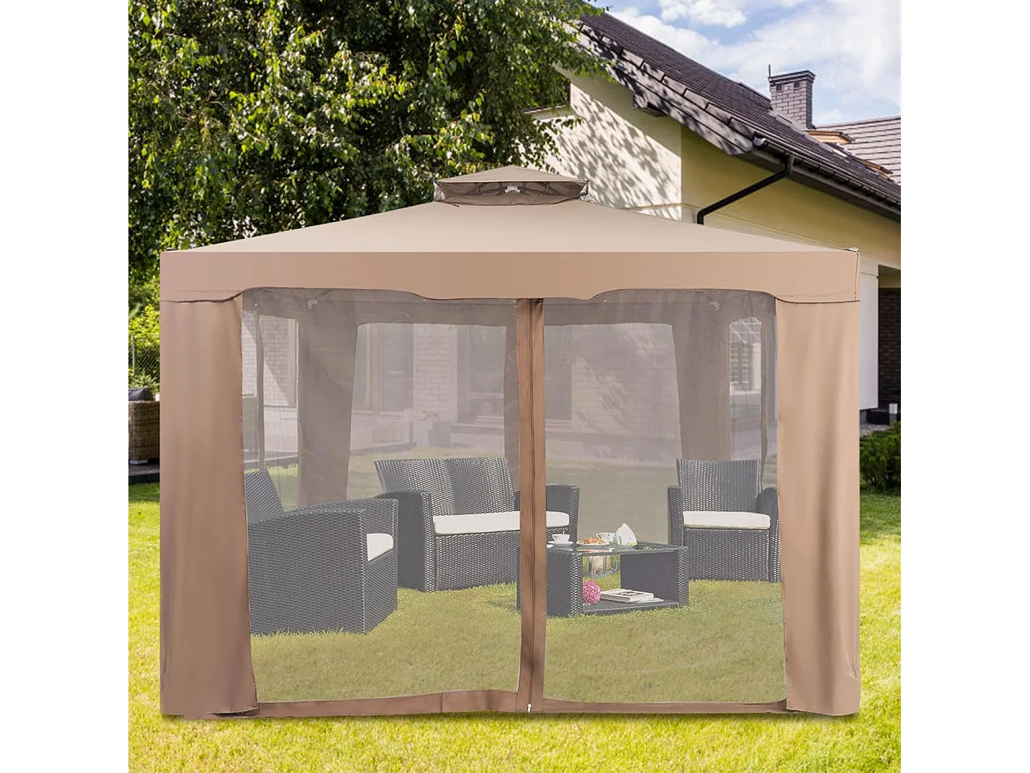 3 x 3 m paviljoen met muggennet en dubbel dak, waterdicht,winterbestendig, tuinpaviljoen, partytent voor terras, tuin, achtertuin (bruin)ZB33748