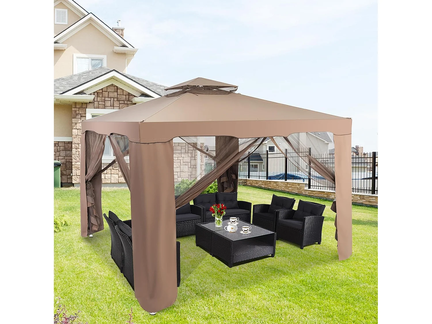 3 x 3 m paviljoen met muggennet en dubbel dak, waterdicht,winterbestendig, tuinpaviljoen, partytent voor terras, tuin, achtertuin (bruin)ZB33748