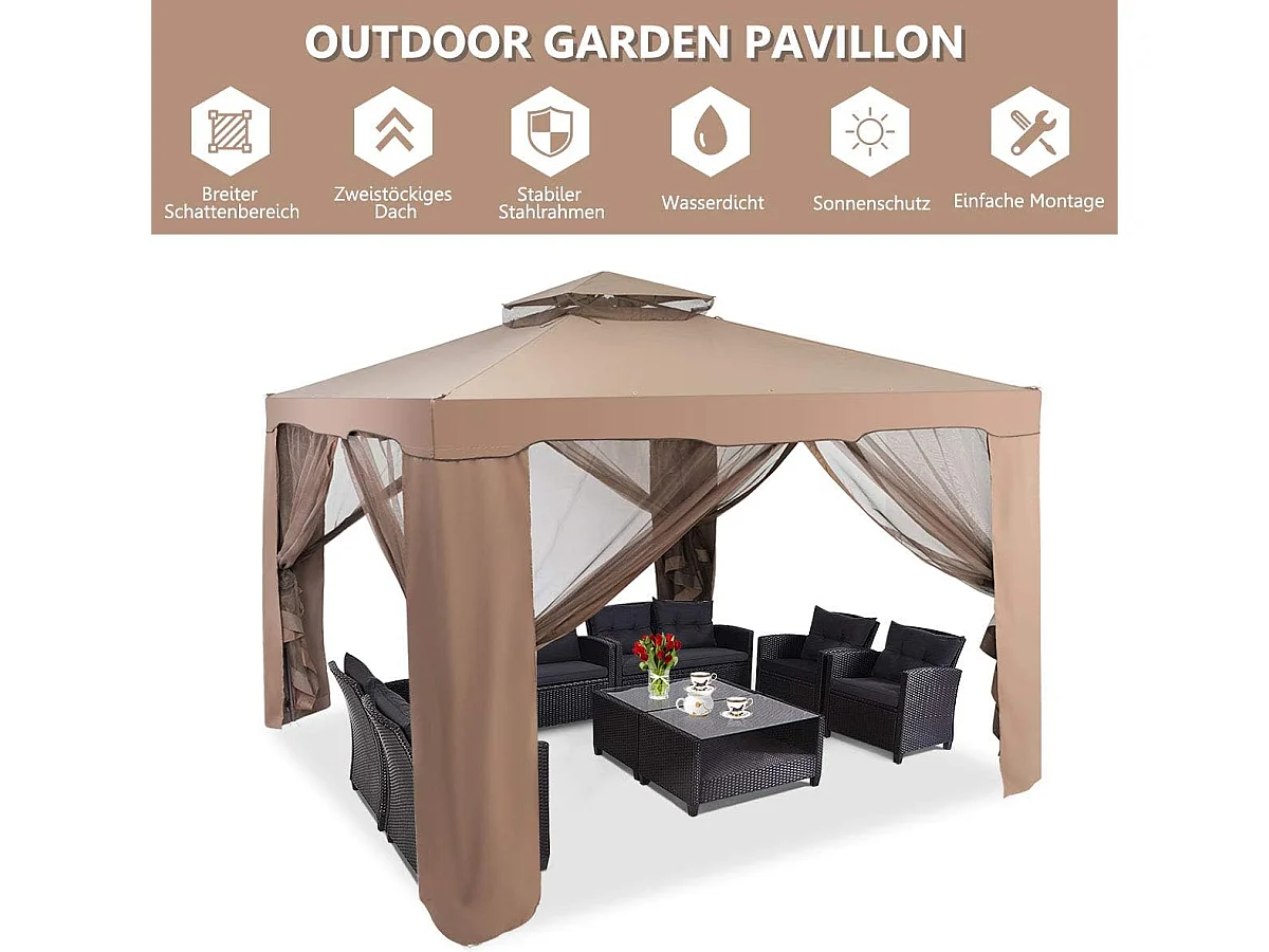 3 x 3 m paviljoen met muggennet en dubbel dak, waterdicht,winterbestendig, tuinpaviljoen, partytent voor terras, tuin, achtertuin (bruin)ZB33748