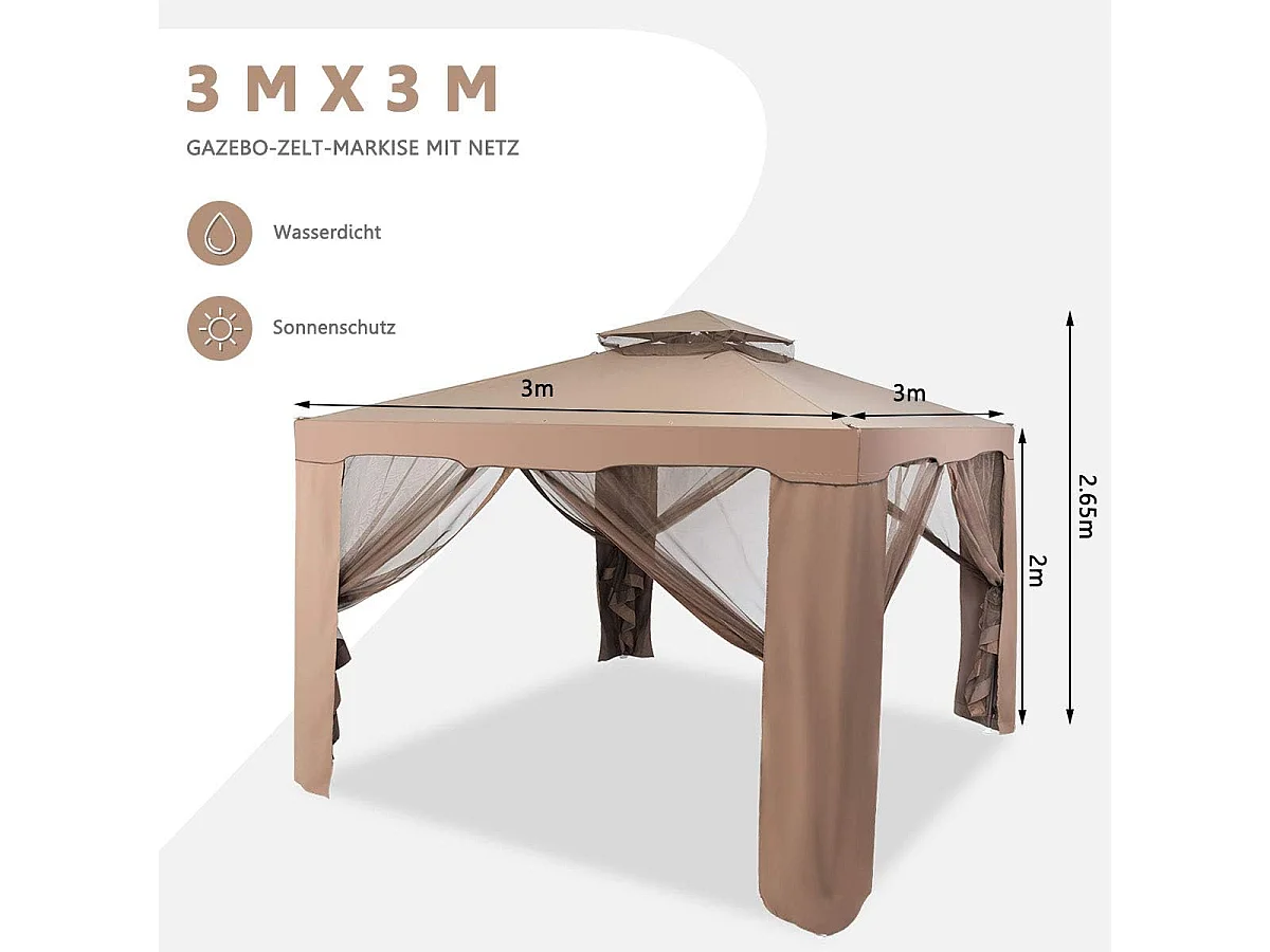 3 x 3 m paviljoen met muggennet en dubbel dak, waterdicht,winterbestendig, tuinpaviljoen, partytent voor terras, tuin, achtertuin (bruin)ZB33748
