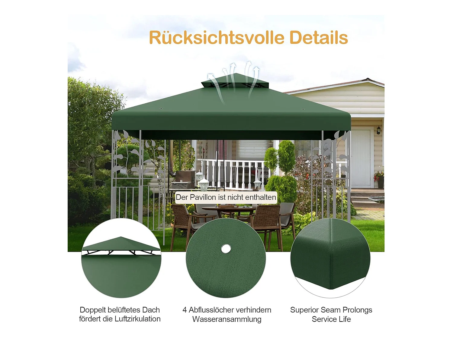 Vervangend dak voor paviljoen, paviljoendak, vervangende hoes met schoorsteendak, afvoergaten en klittenbandsluitingen (groen)ZB32740