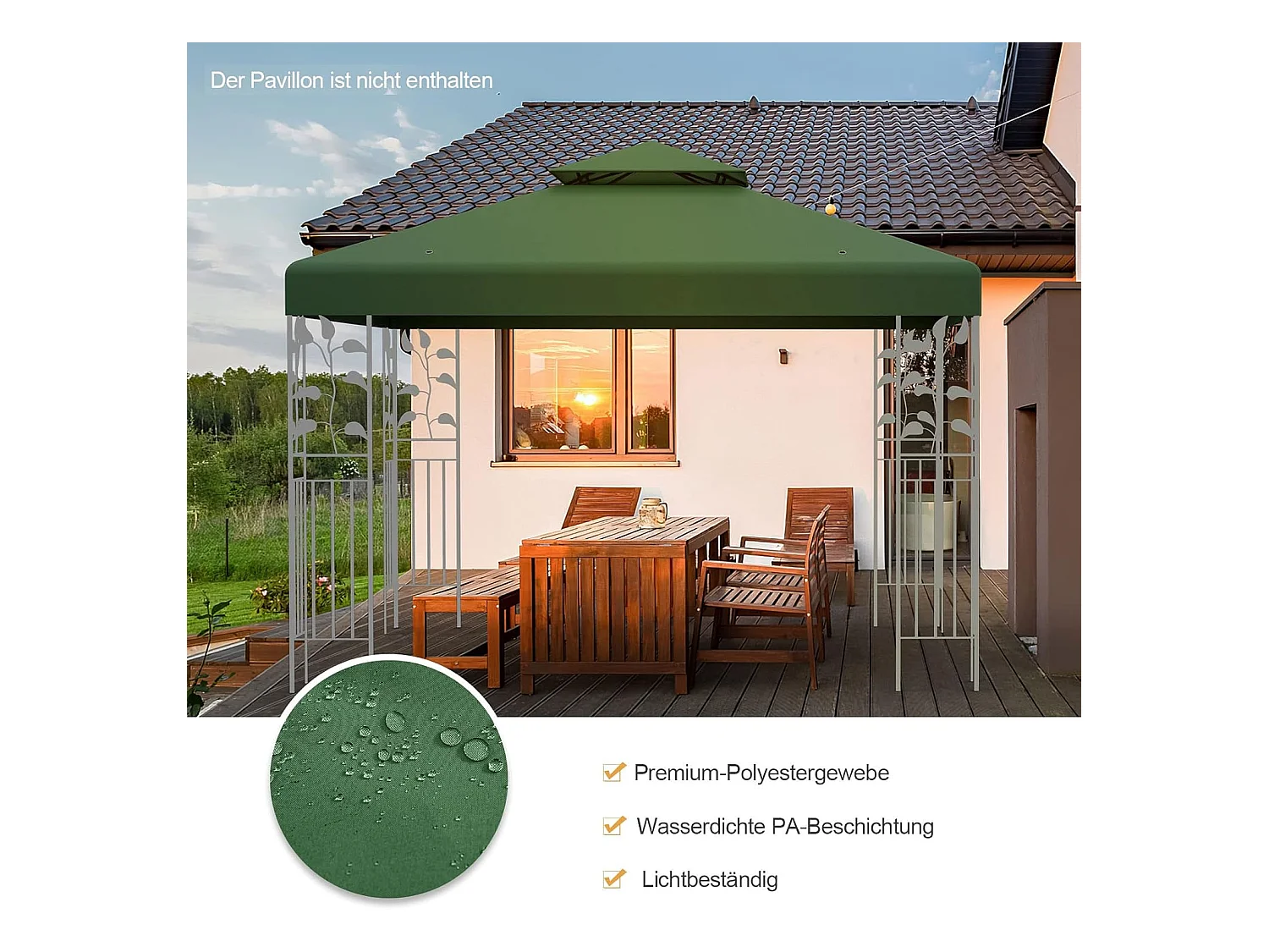 Vervangend dak voor paviljoen, paviljoendak, vervangende hoes met schoorsteendak, afvoergaten en klittenbandsluitingen (groen)ZB32740