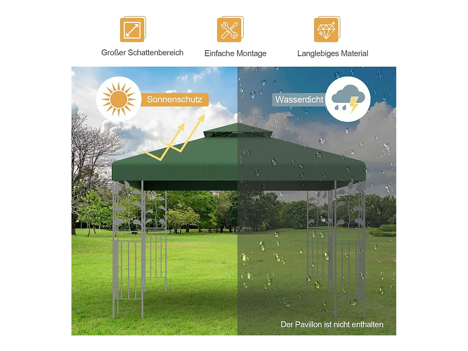 Vervangend dak voor paviljoen, paviljoendak, vervangende hoes met schoorsteendak, afvoergaten en klittenbandsluitingen (groen)ZB32740