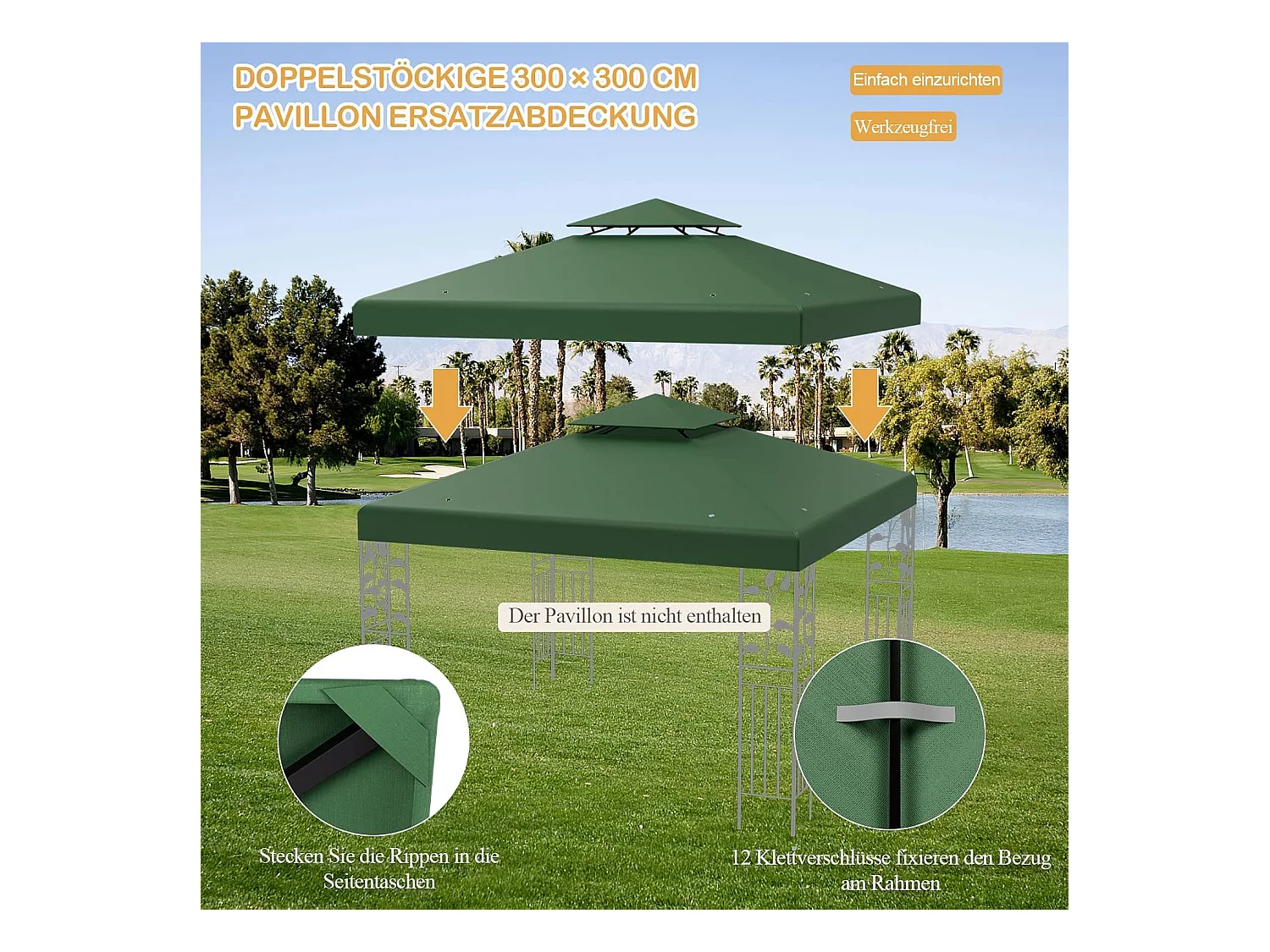 Vervangend dak voor paviljoen, paviljoendak, vervangende hoes met schoorsteendak, afvoergaten en klittenbandsluitingen (groen)ZB32740