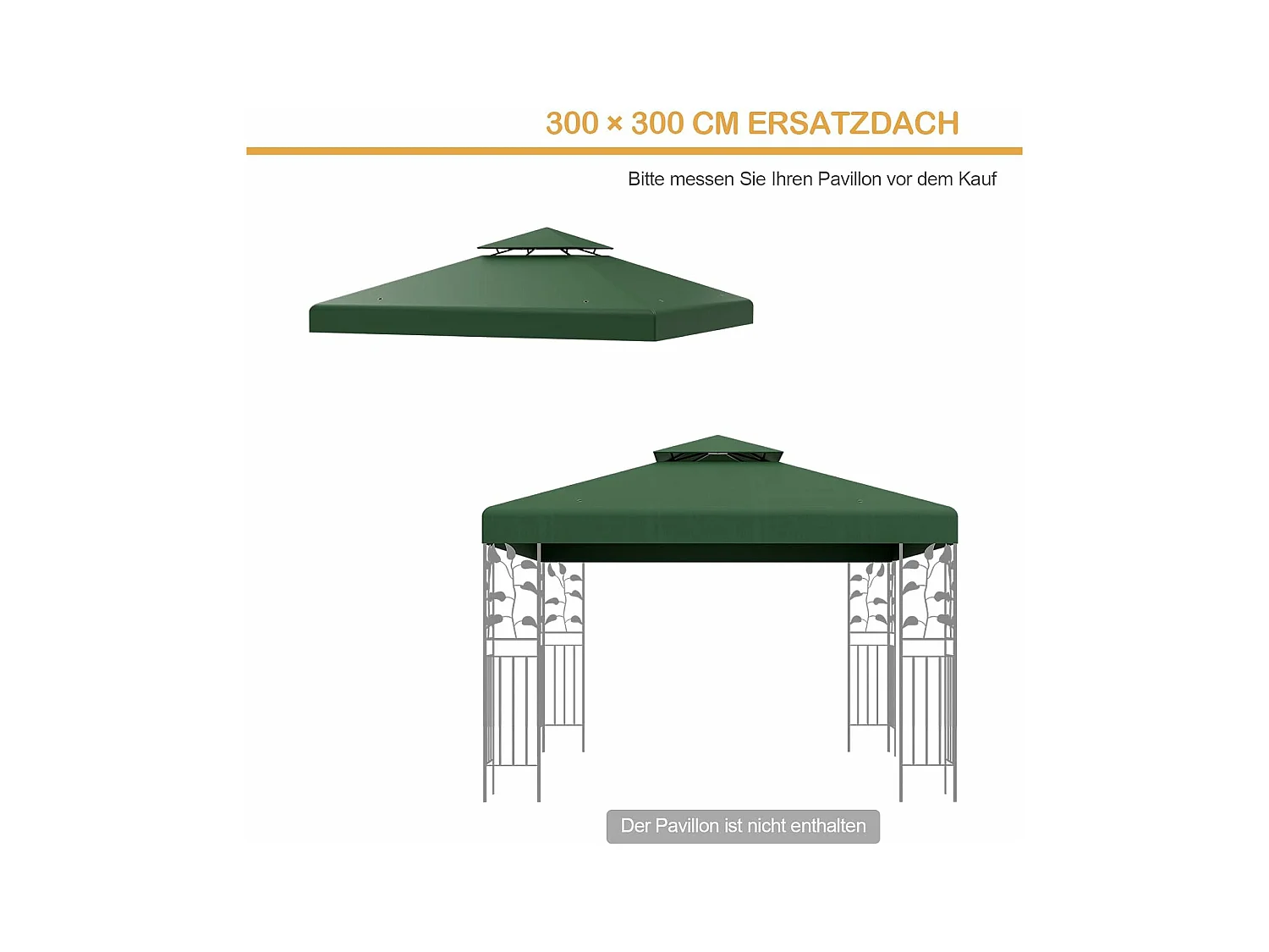 Vervangend dak voor paviljoen, paviljoendak, vervangende hoes met schoorsteendak, afvoergaten en klittenbandsluitingen (groen)ZB32740