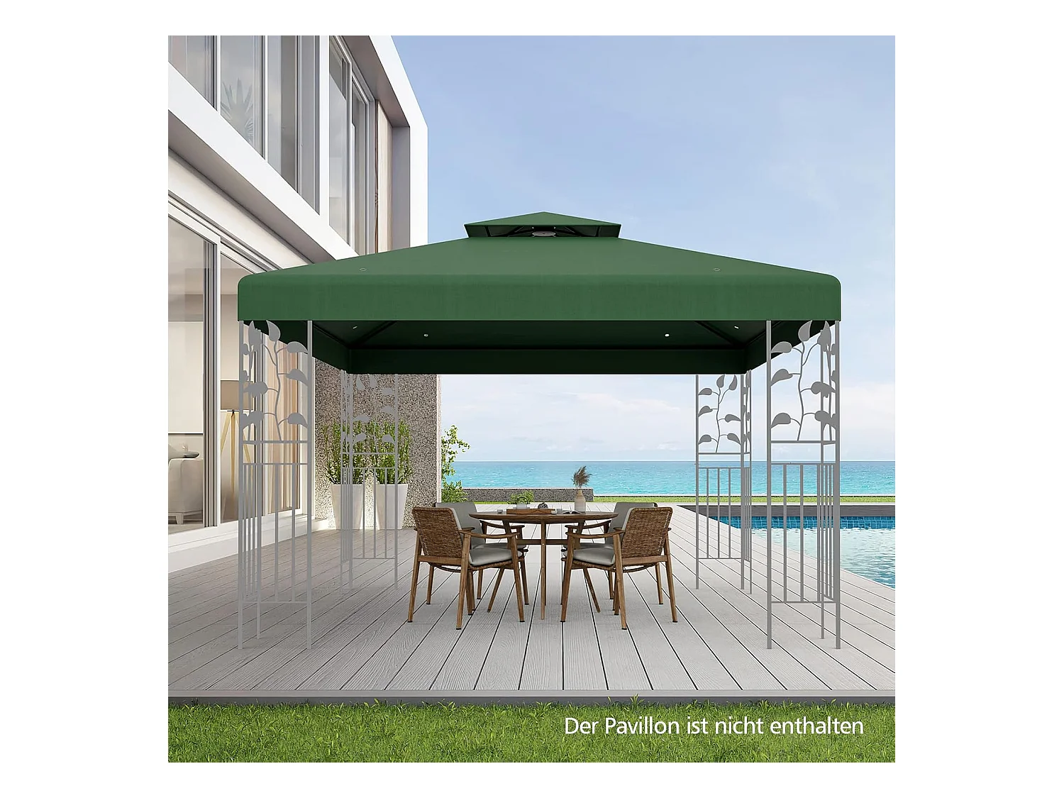 Vervangend dak voor paviljoen, paviljoendak, vervangende hoes met schoorsteendak, afvoergaten en klittenbandsluitingen (groen)ZB32740