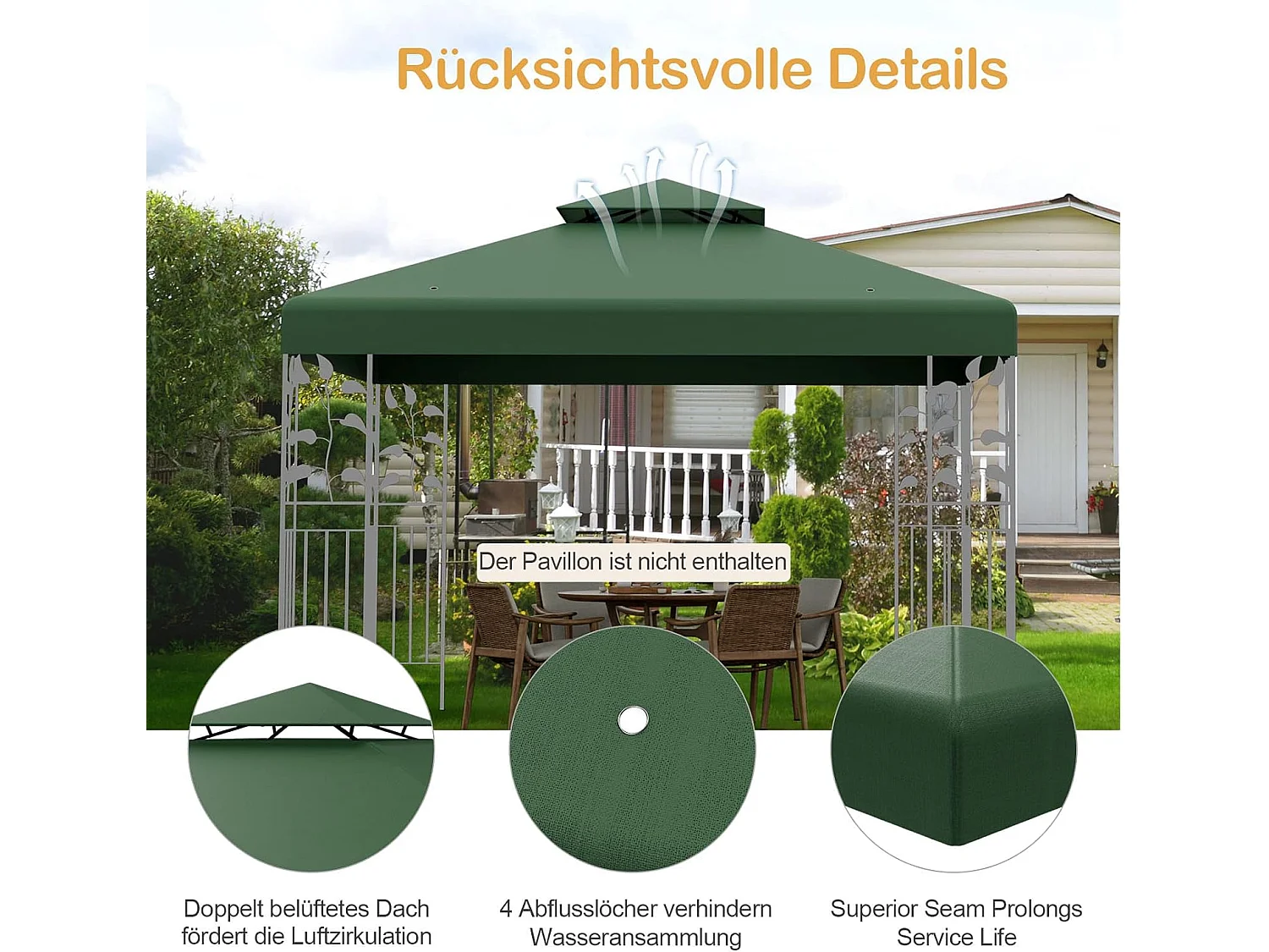 Vervangend dak voor paviljoen, paviljoendak, vervangende hoes met schoorsteendak, afvoergaten en klittenbandsluitingen (groen)ZB32740