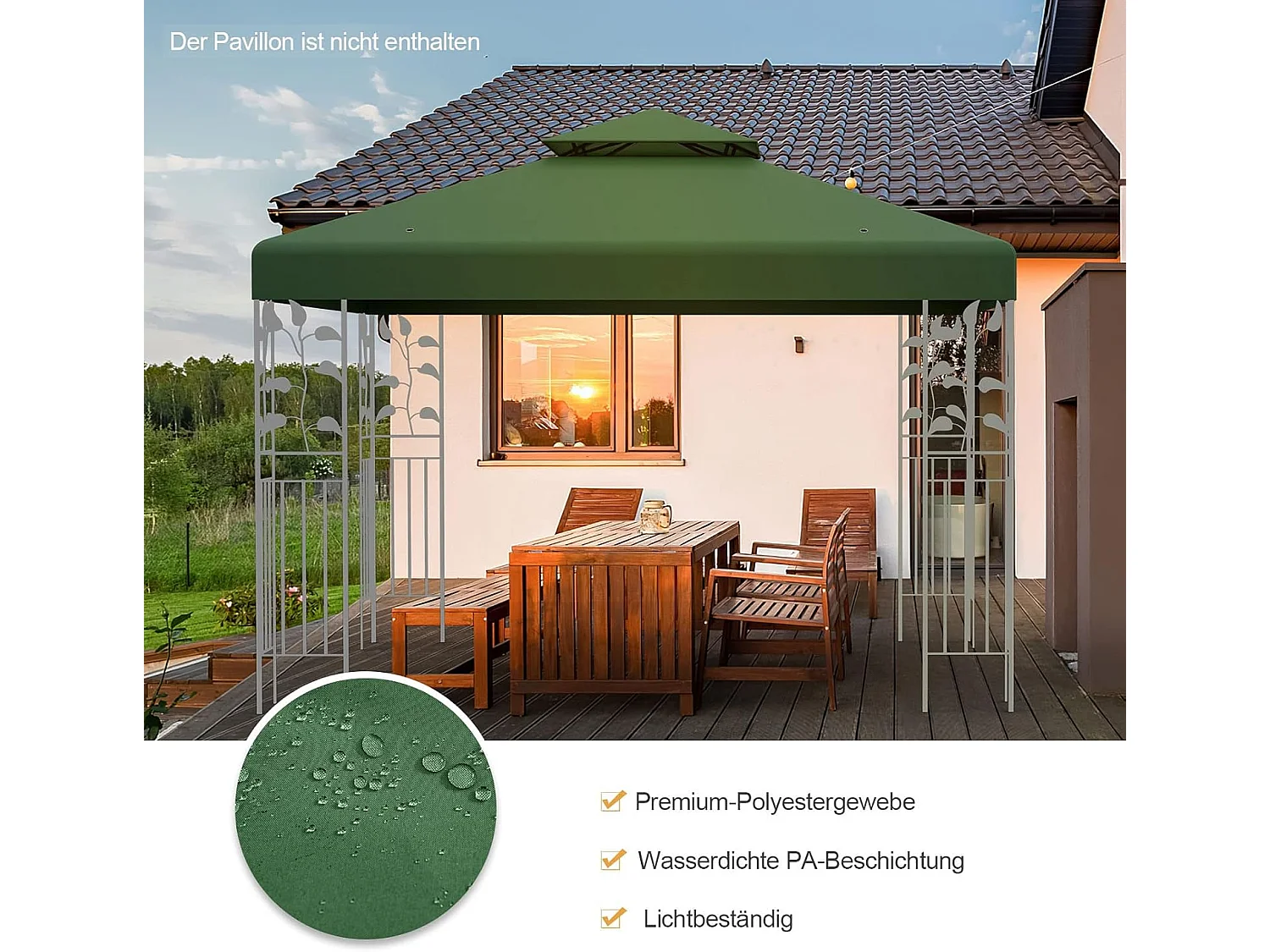 Vervangend dak voor paviljoen, paviljoendak, vervangende hoes met schoorsteendak, afvoergaten en klittenbandsluitingen (groen)ZB32740