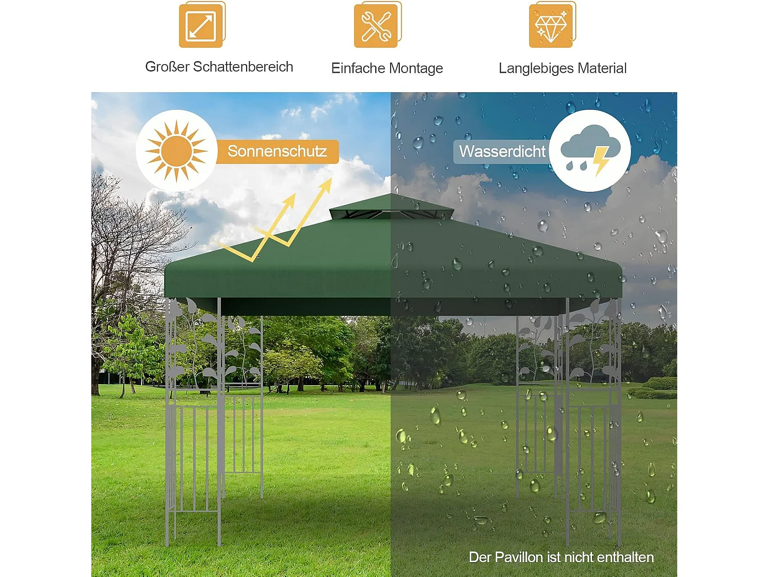 Vervangend dak voor paviljoen, paviljoendak, vervangende hoes met schoorsteendak, afvoergaten en klittenbandsluitingen (groen)ZB32740