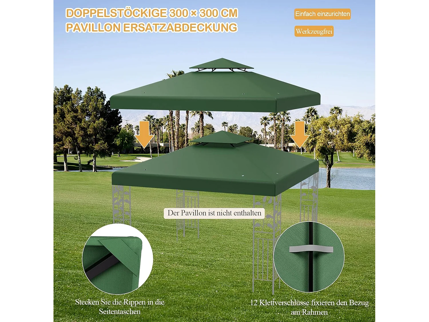 Vervangend dak voor paviljoen, paviljoendak, vervangende hoes met schoorsteendak, afvoergaten en klittenbandsluitingen (groen)ZB32740