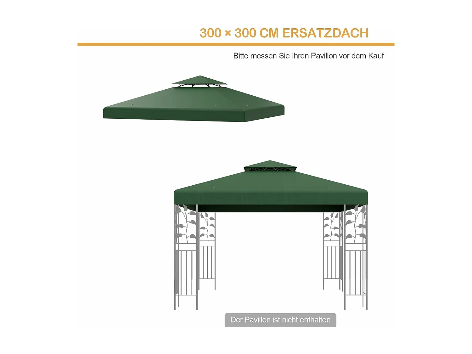 Vervangend dak voor paviljoen, paviljoendak, vervangende hoes met schoorsteendak, afvoergaten en klittenbandsluitingen (groen)ZB32740
